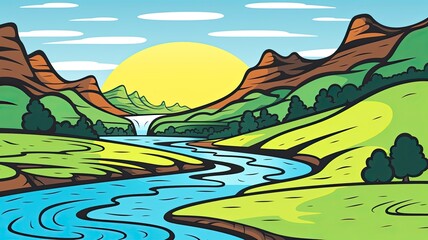 Fototapeta na wymiar cartoon illustration landscape with a winding river flowing through green meadows, surrounded by majestic mountains under the bright sun.