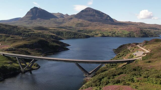 Drone shot of Kylesku Bridge in Sutherland over the Loch a' Chairn Bhain in north-west Scotland, UK