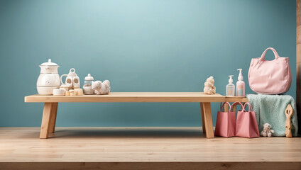 Empty wooden table for product display with baby shop background - obrazy, fototapety, plakaty