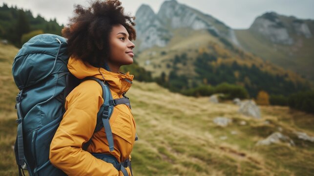 Happy young african american woman hiking in the mountains.