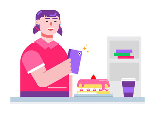 Young girl taking photo of cake. Dessert vector illustrations.