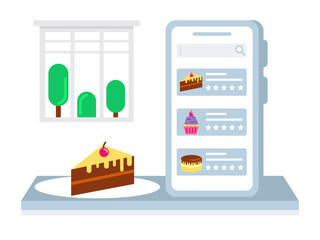 Rating online ordered food. Dessert vector illustrations.