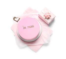 Obraz na płótnie Canvas Pink bento cake with gift box on white background. Valentine's Day celebration