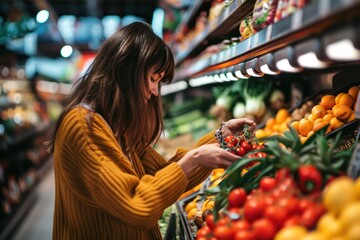 A woman is looking for organic vegetable in the shelf at supermarket. Local fresh vegetable is good for healthy people. woman chooses fruits and vegetables in the grocery store - obrazy, fototapety, plakaty