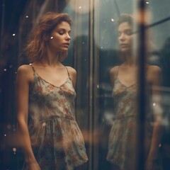 dreamy street photo cute pretty young woman glass window reflection glare gloomy sadness moment