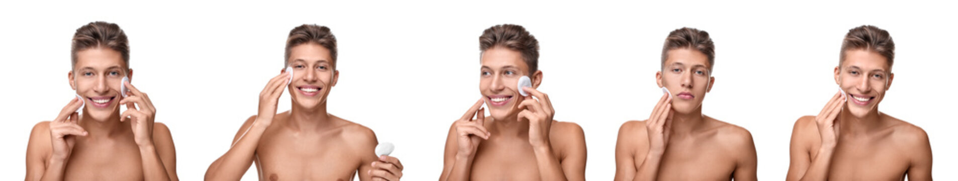 Man cleaning his face with cotton pads on white background, set of photos