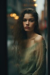 Fototapeta na wymiar dreamy street photo cute pretty young woman glass window reflection glare gloomy sadness moment