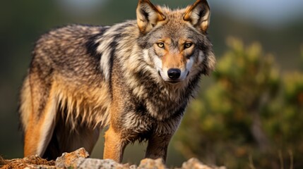 Obraz premium a brown wolf is standing on a rocky hill looking away