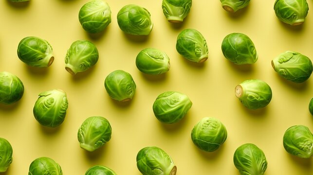 brussels sprouts on a yellow background are scattered, and are very green