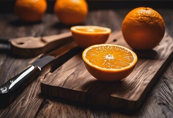 AI generated illustration of Sliced oranges on wooden cutting board