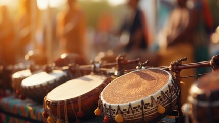 Detailed closeup of traditional musical instruments being played during a cultural music festival,...