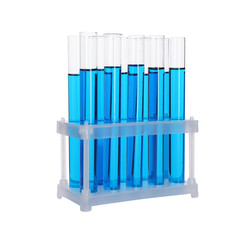 Many test tubes with light blue liquid in stand isolated on white