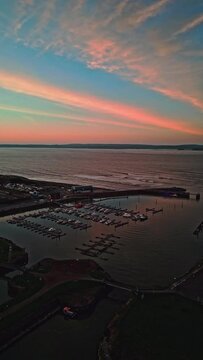 Sunrise Drone Video Flying Over Mariner Harbour Pier in Burry Port, Wales