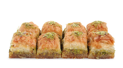 Delicious fresh baklava with chopped nuts isolated on white. Eastern sweets