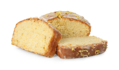 Pieces of tasty lemon cake with glaze isolated on white