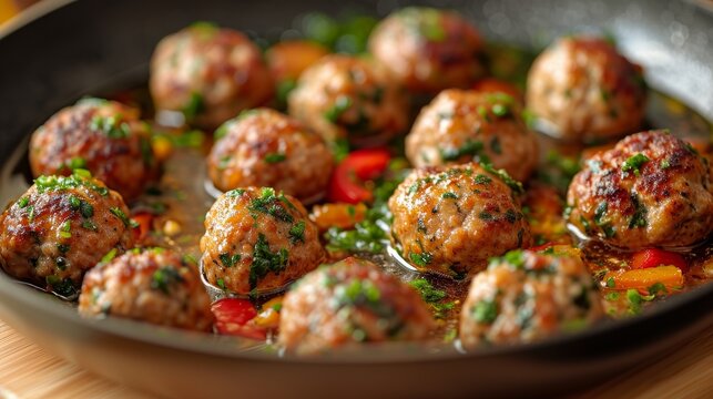 A delicious pan of frying minced meatballs with seasonings. 
