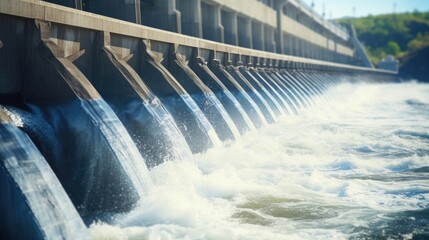 Closeup of a hydroelectric dam, harnessing the power of a rushing river. - obrazy, fototapety, plakaty