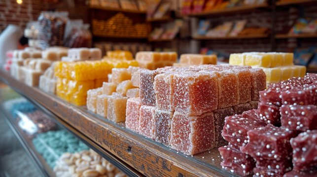 Nougat sweets in different shapes in close-up. Nougats with a colorful and vibrant appearance with a variety of flavors and visible textures. Confectionery and party concept on a market stall.