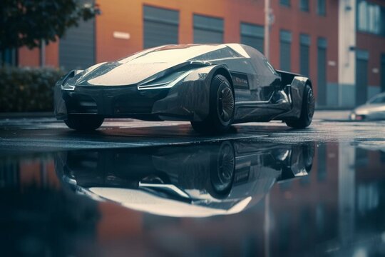a futuristic vehicle parked in an urban street with reflections in a water puddle. Generative AI