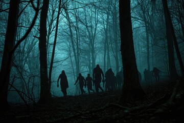 A haunted forest with eerie lighting and silhouettes of creepy creatures
