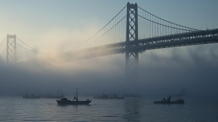 The misty fog drifts across the Bay Bridge, transforming the bustling city into a dreamlike landscape.
