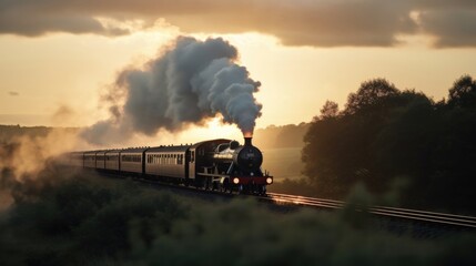 The classic silhouette of a steam train, engulfed in thick grey smoke, conveys a sense of adventure and exploration as it traverses the countryside.