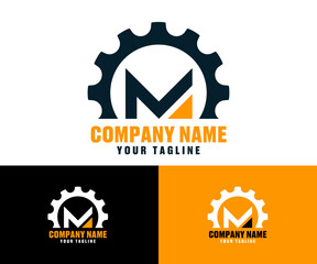M logo with gear, Black and yellow colors, suitable for spareparts, automotive company. Simple and modern style