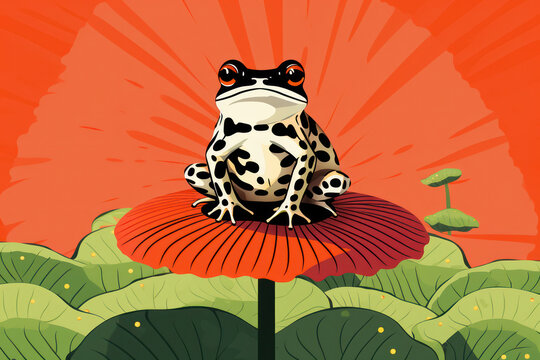 Happy Frog Jumping with a Smiling Eye: Pretty Creature in Funny Cartoon Illustration