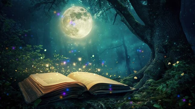 magic book in the forest landscape  with amazing  full moon Seamless looping 4k time-lapse virtual video animation background. Generated AI