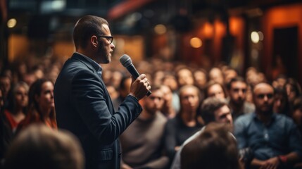 Man asking a question in microphone at technology conference.