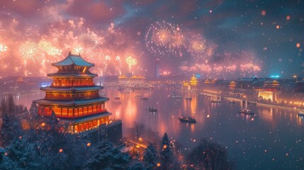 A fireworks celebration in the Forbidden City for Chinese New Year. 