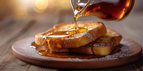 pouring syrup on fresh baked french toast breakfast - obrazy, fototapety, plakaty