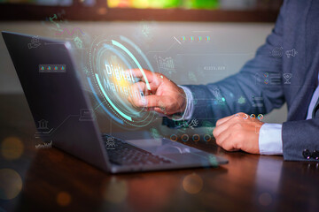 Digital marketing concept, businessman using laptop with Digital marketing on virtual screen display, online marketing, social, online.