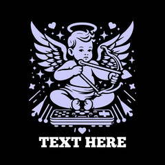 funny baby angel  black and white icon, mascot logo, vector illustration