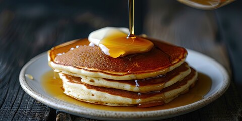 pouring sweet maple syrup on fresh griddled pancakes