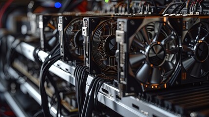 Fototapeta na wymiar GPUS lined up in a bitcoin mining farm similar to ASIC crypto mining rigs