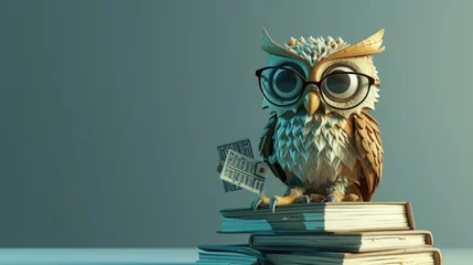 Sierkussen Cartoon digital avatar of a scholarly owl in glasses, perched on a pile of textbooks and holding a ruler. © Justlight