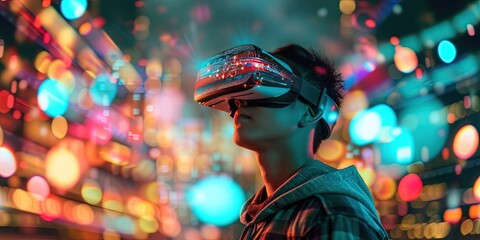virtual reality metaverse cyberspace, video gaming esports concept with young latino