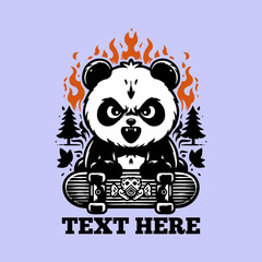 funny panda cartoon play skateboard icon, mascot logo, vector illustration