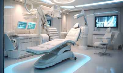a futuristic operating room, equipped with advanced medical tools and state-of-the-art technology .Dental equipment in dentist office in new modern stomata logical clinic room. - obrazy, fototapety, plakaty