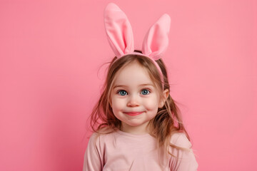 Obraz na płótnie Canvas Portrait of a cute little girl in Easter bunny ears on a pink background
