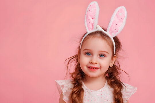 Portrait of a cute little girl in bunny ears on a pink background