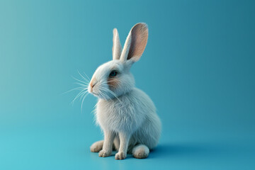Obraz premium Cute white rabbit sitting on a blue background. Easter concept.