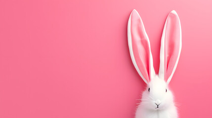 Fototapeta premium Cute white rabbit on pink background. Easter concept. Copy space.
