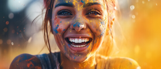 A woman's face reflects joy during Holi festival celebration with colorful paint