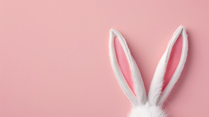 Easter bunny ears on pink background. Top view, copy space