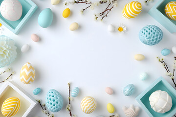 Easter background. Colorful easter eggs and flowers on white