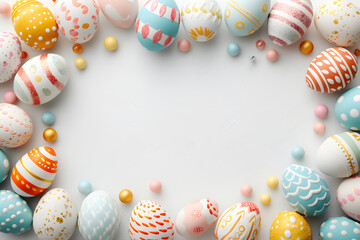 Colorful Easter eggs on white background, top view. Space for text