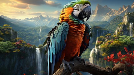 A colorful parrot perched in a tropical rainforest - obrazy, fototapety, plakaty