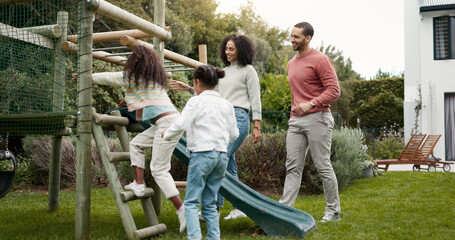 Family, running and children outdoor in backyard for playing, happiness and bonding at home. Young...